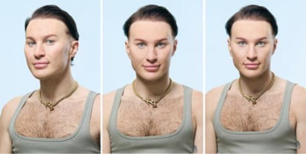 A composite of three images of the Vivienne, with short dark brown hair, wearing a grey vest and a heavy gold chain, shot against a pale blue background