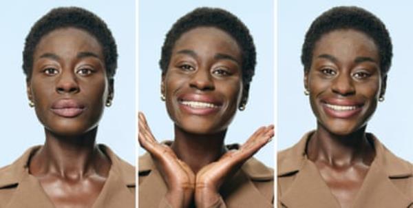 A composite image of three pictures of a young blo<em></em>nde woman with her hair tied back, wearing a black, round-neck top, shot against a pale blue background