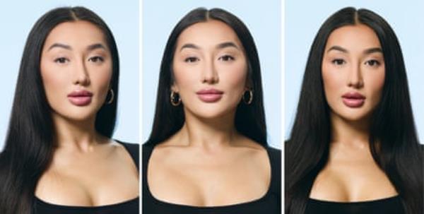 A composite of three images of an elderly lady with white hair pulled back from her face, dangly earrings and a pale blue cardigan, shot against a pale blue background