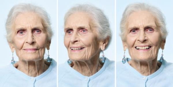 A composite of three images of an elderly lady with white hair pulled back from her face, dangly earrings and a pale blue cardigan, shot against a pale blue background