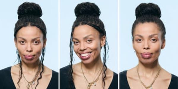 A composite image of three portraits of Emma Dabiri with her hair in a bun on top of her head and some loose small plaits, wearing several necklaces and a black V-neck T-shirt, shot against a pale blue background