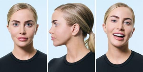 A composite image of three pictures of a young blo<em></em>nde woman with her hair tied back, wearing a black, round-neck top, shot against a pale blue background