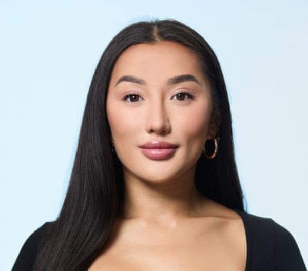 A composite image of a young woman with long, straight black hair, wearing hoop earrings and a black, scoop-neck top, shot against a pale blue background